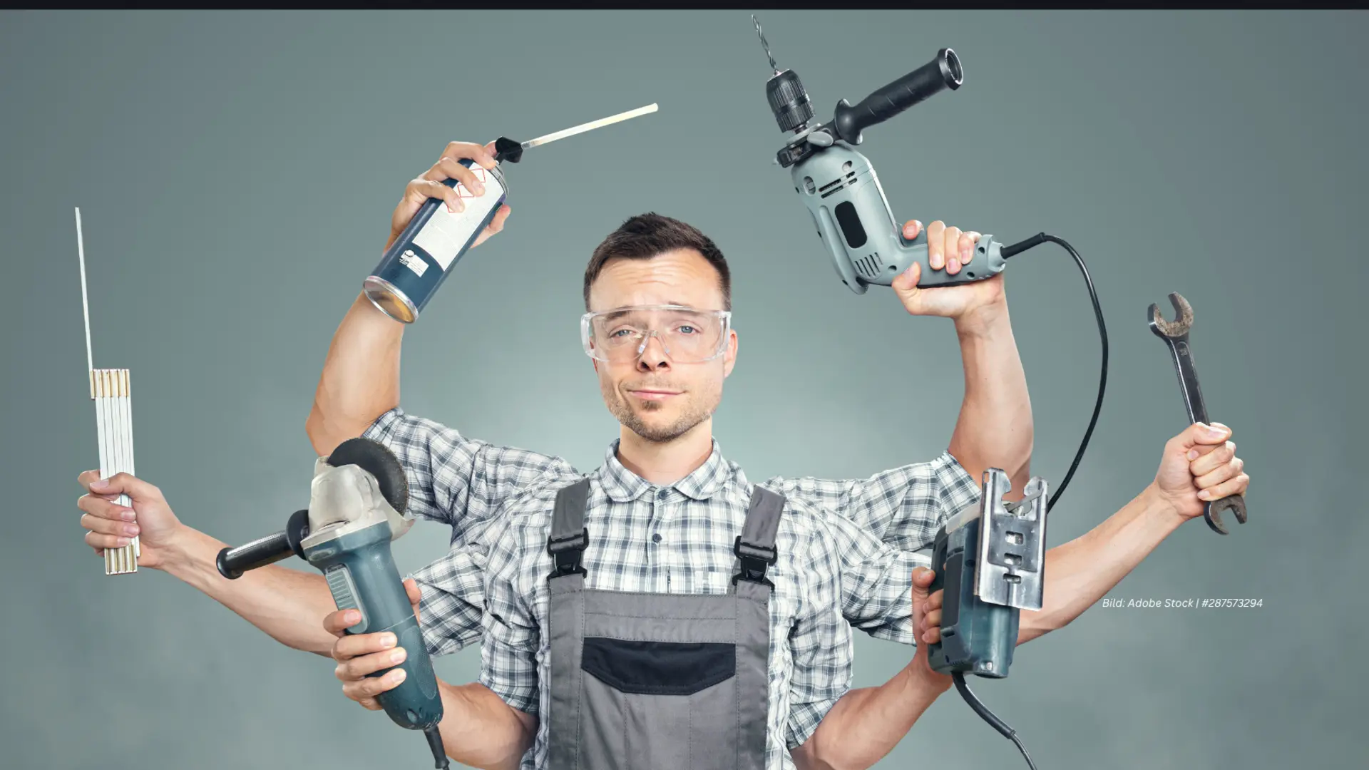 Handwerker mit vielen Geräten