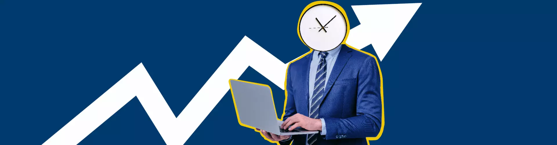 Ein Mann mit Laptop, der eine Uhr statt Kopf hat.