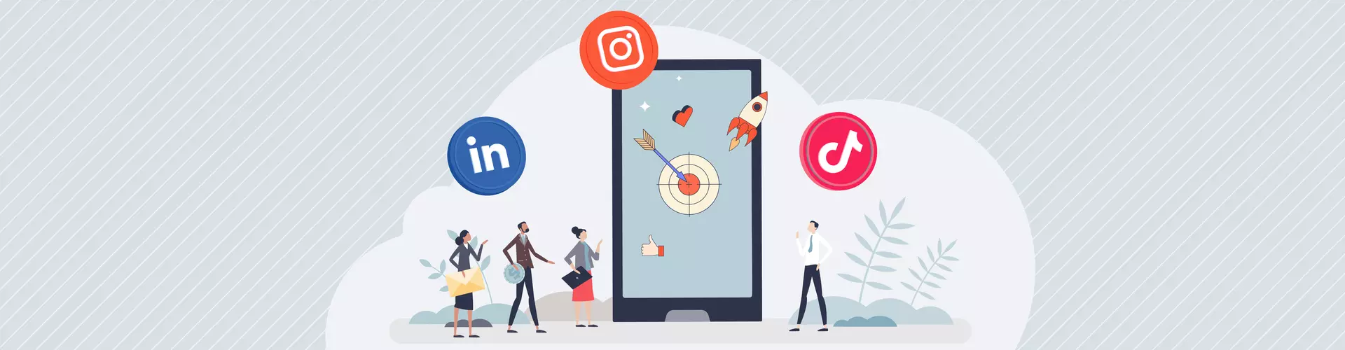 Man sieht ein Handy groß in der Mitte mit einer Zielscheibe, einem Like und Daumen hoch darauf. Links und rechts stehen insgesamt vier Personen in Business-Kleidung. Außerdem sieht man die Symbole Instagram, TikTok und LinkedIn.