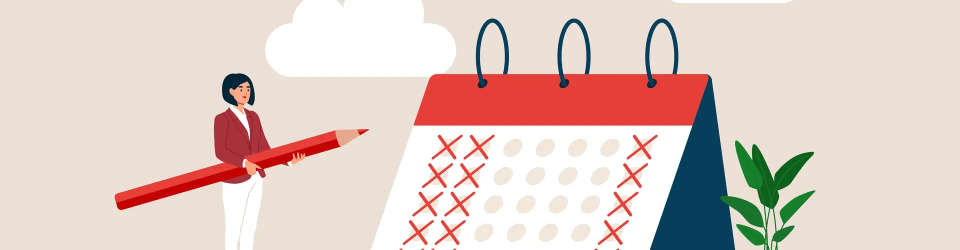 Bunte Graphik mit Frau in Bürokleidung neben einem großen Kalender. Von den sieben Wochentagen sind drei mit roten Kreuzen versehen, während vier Tage in der Mitte frei bleiben - passend zur Vier-Tage-Woche.