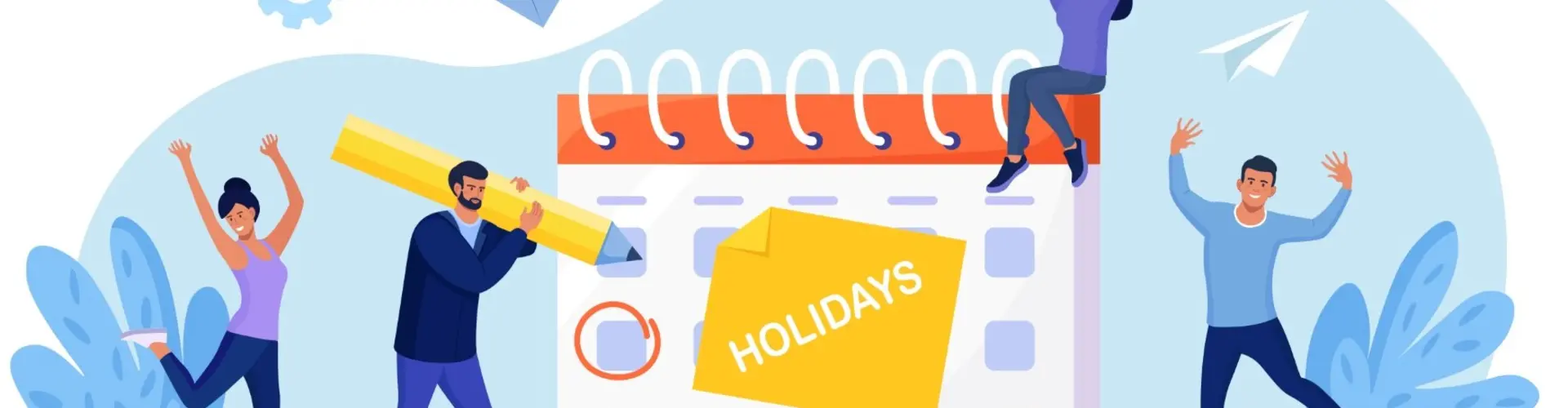 Bunte Graphik mit Kalender in der Mitte, umgeben von fröhlichen Menschen. Auf dem Kalender ist das Wort "Holidays" zu sehen.