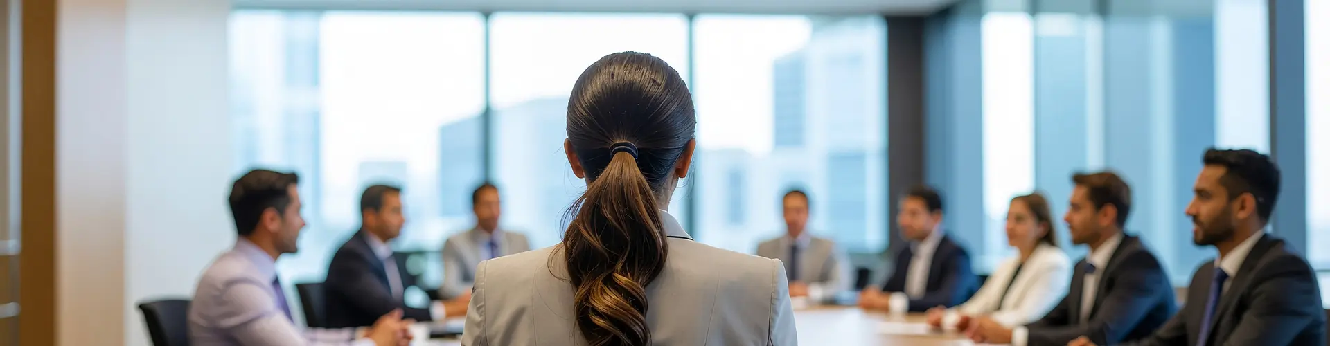 Rückenansicht einer Frau in einem Business-Meeting. Da sie am Ende des Tisches sitzt, ist anzunehmen, dass sie die Chefin ist. Die sie umgebenden mitarbeitenden sind fast alle Männer.