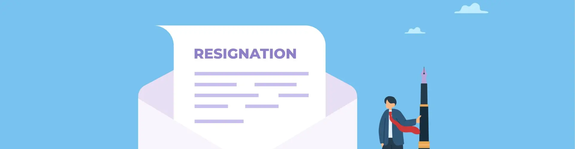 Graphik mit einem großen Briefumschlag neben einem kleineren Menschen vor blauem Hintergrund. Auf dem Papier im Briefumschlag steht "Resignation", auf Deutsch "Rücktritt".