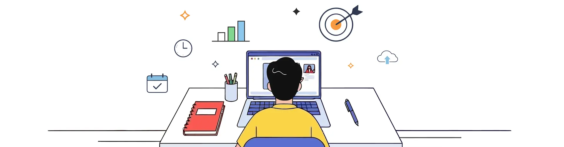 Die Graphik zeigt einen Menschen vor einem Laptop, umgeben von bunten Symbolen, die die Trends in der Arbeitswelt 2026 darstellen.
