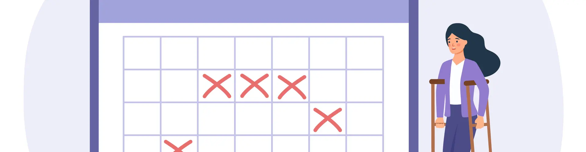 Die Illustration zeigt eine Frau mit Krücken neben einem Kalender. Die Kreuze im Kalender stehen für Krankheitstage.