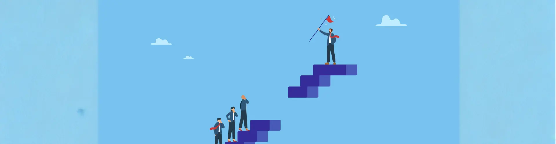 Illustration mit einer Treppe, auf der mehrere Menschen stehen. In der Mitte ist eine Lücke, die Skill Gaps im Job darstellt.
