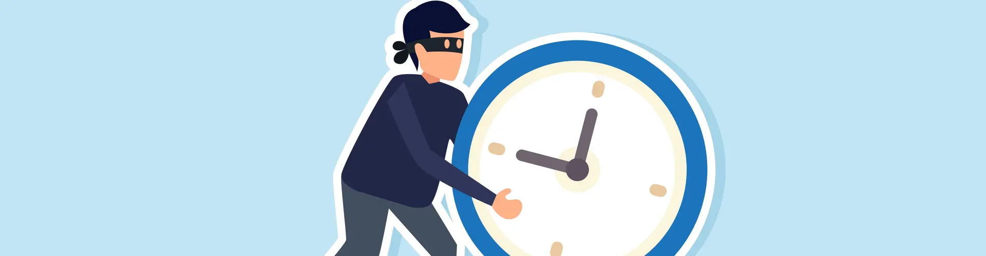 Die Illustration zeigt einen Dieb mit einer Uhr, was symbolisch für Arbeitszeitbetrug steht.
