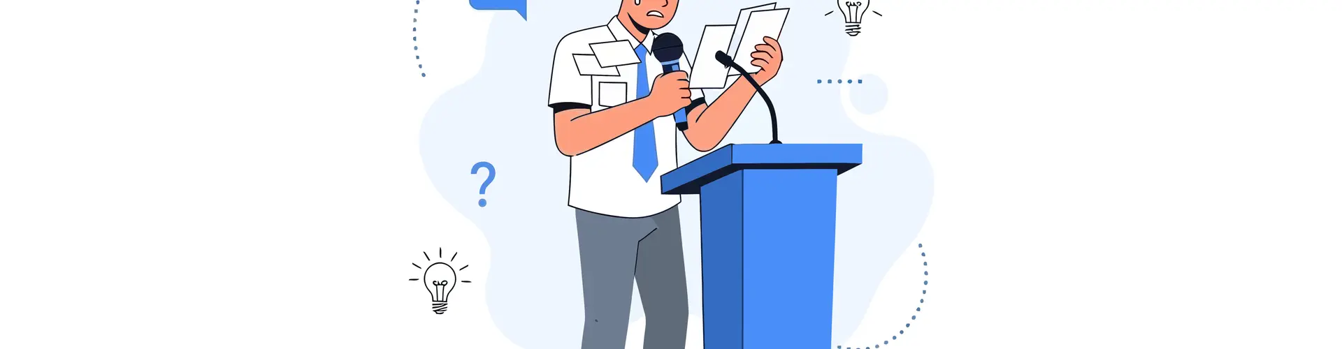 Die Illustration zeigt einen gestresst aussehenden Mann hinter einem Rednerpult.