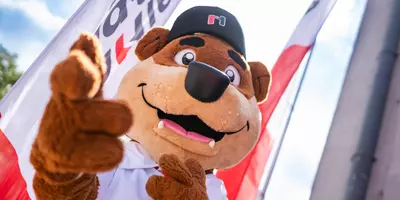 Der Bewerbär, das Maskottchen des Karrieretags, freut sich auf viele Besucher in Augsburg.