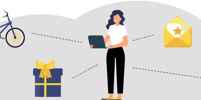 Frau mit Laptop - und verschiedene Firmenbenefits als Icons dargestellt.