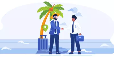 Zwei Männer in Anzug, die sich die Hand geben. Der Mann rechts hat eine Bürotasche in der Hand und neben dem anderen steht links von ihm ein Koffer. Im Hintergrund sieht man eine Palme und das Meer.
