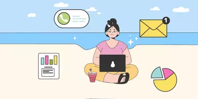 Eine Frau, die mit ihrem Laptop im Schneidersitz am Strand sitzt. Um sie herum sieht man verschiedene Abbildungen, die die Büro-Atmosphäre darstellen: ein Telefonzeichen, ein E-Mail Postfach und zwei Diagramme. Im Hintergrund das Meer und ein Segelboot.