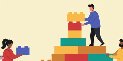 Grafik, bei der verschiedene Mitarbeitende gemeinsam ein großes Lego-Konstrukt bauen.
