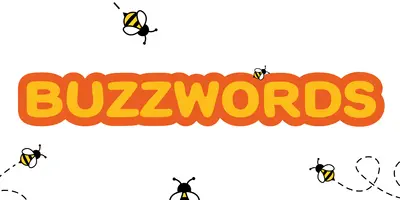 Bunter Schriftzug mit dem Wort "Buzzwords" in der Mitte, umgeben von kleinen Cartoon-Bienen.