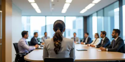 Rückenansicht einer Frau in einem Business-Meeting. Da sie am Ende des Tisches sitzt, ist anzunehmen, dass sie die Chefin ist. Die sie umgebenden mitarbeitenden sind fast alle Männer.