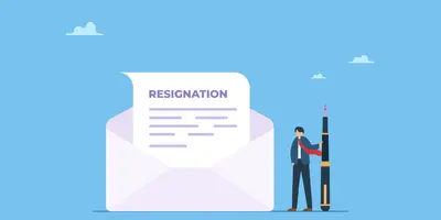Graphik mit einem großen Briefumschlag neben einem kleineren Menschen vor blauem Hintergrund. Auf dem Papier im Briefumschlag steht "Resignation", auf Deutsch "Rücktritt".