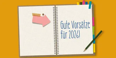 Notizbuch mit Schriftzug "Gute Vorsätze für 2026!"