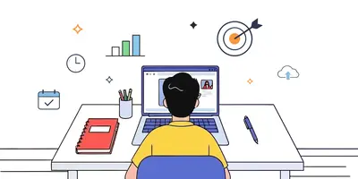 Die Graphik zeigt einen Menschen vor einem Laptop, umgeben von bunten Symbolen, die die Trends in der Arbeitswelt 2026 darstellen.