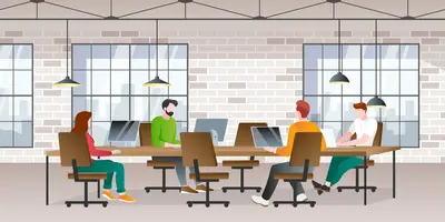 Auf der Graphik ist eine Gruppe von Kolleginnen und Kollegen zu sehen, die gemeinsam an einem großflächigen Schreibtisch in einem modernen, lichtdurchfluteten Büro arbeiten.