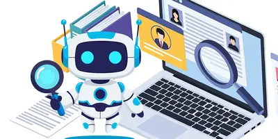 KI-Roboter vor Computer mit Bewerbungen.