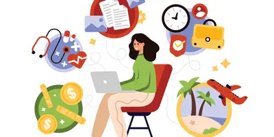 Graphik einer Frau mit Laptop, umgeben von Symbolbildern, die für verschiedene Benefits am Arbeitsplatz stehen (z.B. eine Uhr für mehr Freizeit, Geldmünzen für finanzielle Boni etc.)