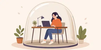 Die Graphik zeigt eine junge Frau, die alleine an einem Schreibtisch sitzt, Musik hört und arbeitet. Die sie umgebende Glaskugel signalisiert Distanz zu ihrer Umgebung. Ihr zufriedener Gesichtsausdruck zeigt, dass sie sich so wohlfühlt.