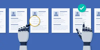 Die Illustration zeigt zwei Roboterhände vor einer Reihe von Bewerbungsunterlagen.