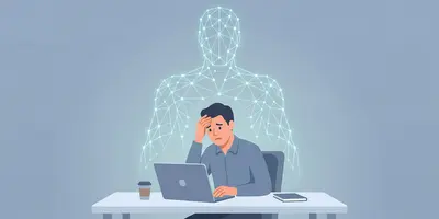 Illustration eines Mannes, der unglücklich vor einem Laptop sitzt. Die leuchtende Silhouette hinter ihm steht für seine Angst, im Job von KI ersetzt zu werden.
