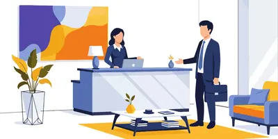 Die Illustration zeigt eine Frau an der Rezeption eines Büros, die eine Gast empfängt.