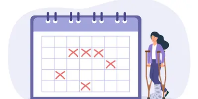 Die Illustration zeigt eine Frau mit Krücken neben einem Kalender. Die Kreuze im Kalender stehen für Krankheitstage.