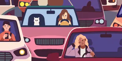 Die Illustration zeigt Menschen in Autos, die auf dem Weg zur Arbeit im Stau stehen und deshalb gestresst sind.