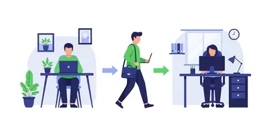 Die Illustration zeigt einen Menschen, der sich von seinem Arbeitsplatz im Homeoffice zurück ins Büro begibt.
