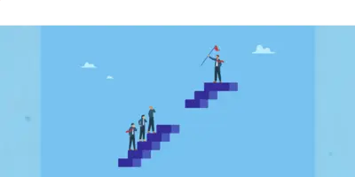 Illustration mit einer Treppe, auf der mehrere Menschen stehen. In der Mitte ist eine Lücke, die Skill Gaps im Job darstellt.