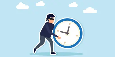 Die Illustration zeigt einen Dieb mit einer Uhr, was symbolisch für Arbeitszeitbetrug steht.