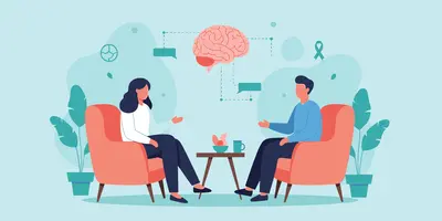 Zwei Menschen sitzen sich gegenüber und unterhalten sich. Das Gehirn in der Mitte zeigt symbolisch, dass sie über Mental Health sprechen.