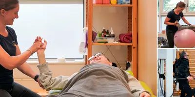 Die Fotos zeigen die Ergotherapeutin Victoria Renner bei verschiedenen Übungen mit einem Patienten.