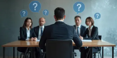 Das Bild zeigt einen Mann im Anzug, der mit dem Rücken zur Kamera an einem Tisch sitzt. Auf der anderen Seite des Tisches sitzen vier weitere Personen. Diese Szene stellt ein Bewerbungsgespräch dar, während die blauen Fragezeichen über den Personen für mögliche Fragen stehen, die hier gestellt werden.