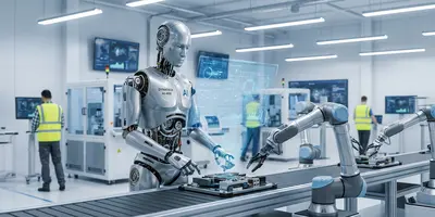 Das Bild zeigt einen Roboter in einer Büroumgebung. Es steht symbolisch für den Einzug künstlicher Intelligenz in den Arbeitsalltag.
