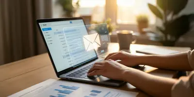 Das Bild zeigt eine Person an einem Laptop. Ihr Gesicht ist nicht zu sehen, stattdessen liegt der Fokus auf dem Bildschirm. Über dem Bildschirm ist ein großer Briefumschlag zu sehen, der symbolisch für E-Mails steht.
