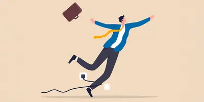 Die Graphik zeigt einen Mann mit Brieftasche, der über ein Kabel stolpert, und steht symbolisch für Arbeitsunfälle.